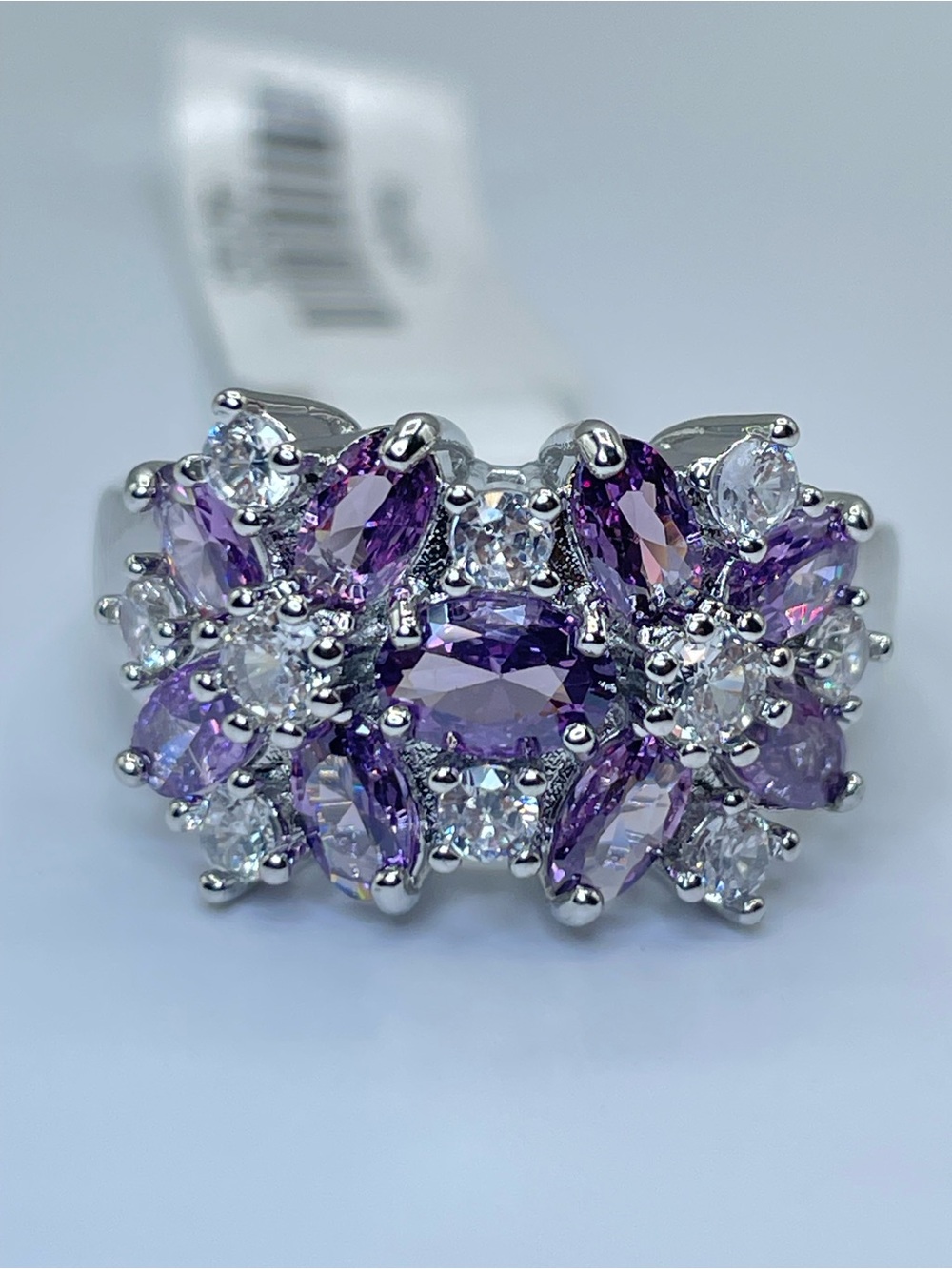 Swarovski Crystal Elements Purple White Floral Cluster Ring Sz 9 Art Deco